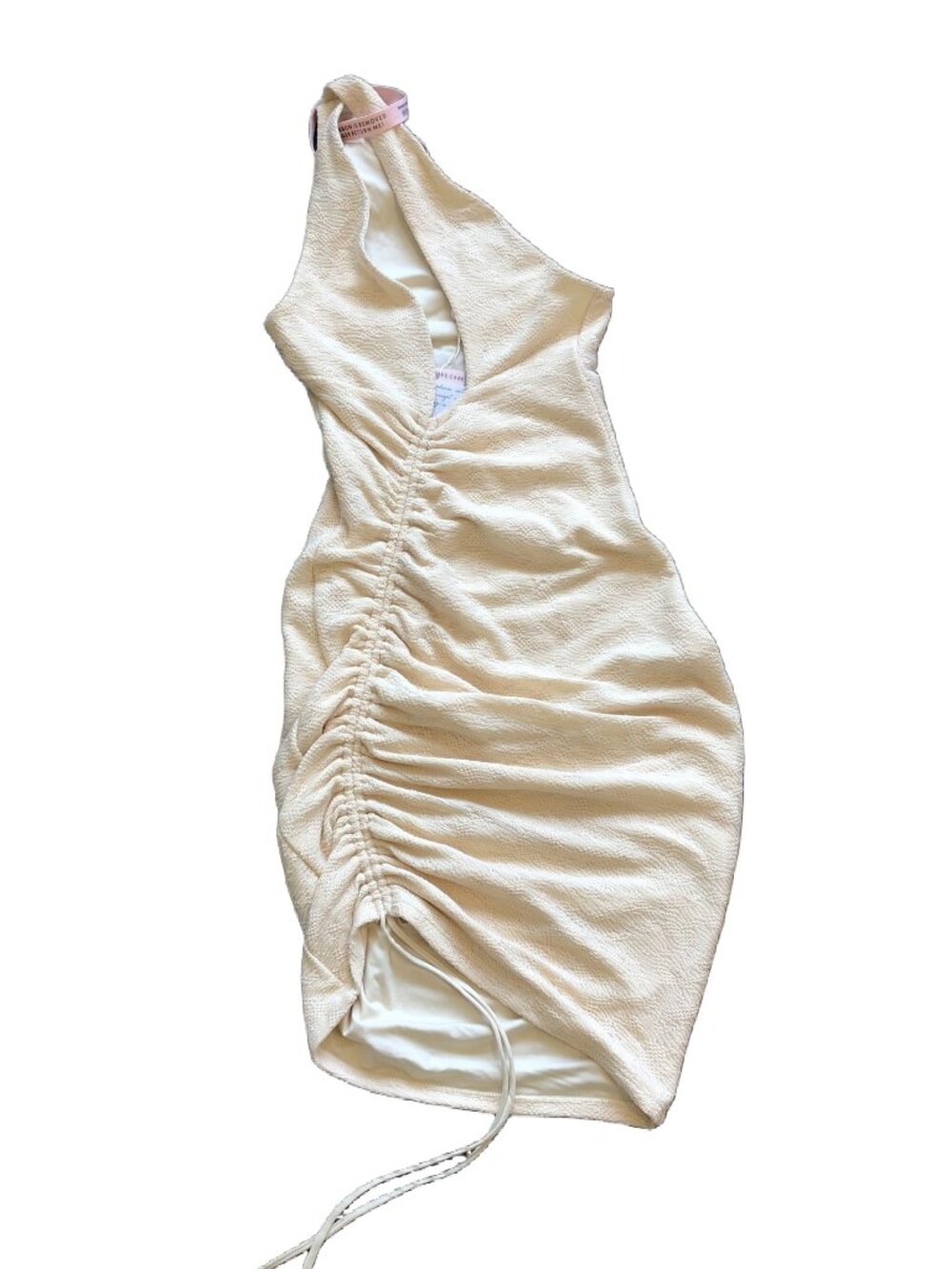 oh Polly Cream Asymmetrical One-Shoulder Cut-Out Stretch Ruched Mini Dress
